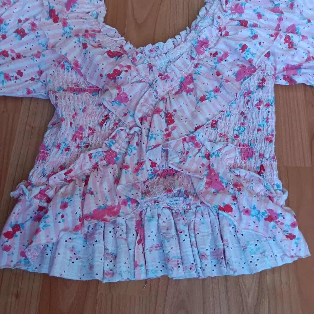 Free People Favorite Girl Crop Top Puff Sleeve Floral Cottagecore Coquette